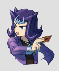 Rule 34 | blue eyes, card, character request, commentary request, gender request, grey background, hand up, holding, holding card, jacket, jewelry, koma yoichi, long sleeves, looking to the side, necklace, open mouth, purple hair, purple jacket, ring, shirt, solo, teeth, tongue, upper body, upper teeth only, yu-gi-oh!, yu-gi-oh! zexal
