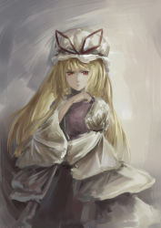 Rule 34 | 1girl, alternate eye color, arm rest, bad id, bad pixiv id, blonde hair, dress, expressionless, gradient background, grey background, hand up, hat, hat ribbon, highres, long hair, long sleeves, looking at viewer, mob cap, muted color, red eyes, ribbon, solo, tabard, touhou, wbfm, white dress, wide sleeves, yakumo yukari