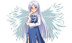Rule 34 | 1girl, absurdres, angel, angel wings, asatsuki (fgfff), blue dress, blush, breasts, collared shirt, damaged, dress, feathered wings, hand on own face, highres, long hair, long sleeves, looking at viewer, multiple wings, red eyes, sariel (touhou), shirt, simple background, solo, torn clothes, touhou, touhou (pc-98), very long hair, white background, white hair, white shirt, wings