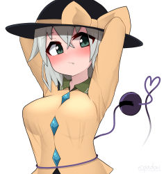 Rule 34 | 1girl, :/, arms behind head, arms up, black hat, blush, breasts, buttons, closed mouth, collar, collared shirt, commentary, diamond button, expressionless, fang, fang out, frilled collar, frills, green eyes, green hair, hat, hat ribbon, heart, heart of string, highres, komeiji koishi, long sleeves, looking at viewer, medium breasts, medium hair, ribbon, see-through, shirt, simple background, solo, third eye, topadori, touhou, twitter username, upper body, white background, yellow shirt