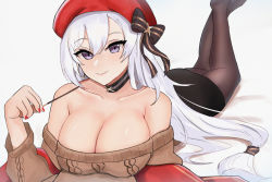 Rule 34 | 1girl, absurdres, aran sweater, azur lane, bare shoulders, belfast (azur lane), belfast (shopping with the head maid) (azur lane), beret, black bow, black choker, black pantyhose, black skirt, bow, breasts, brown sweater, cable knit, choker, cleavage, collarbone, commentary, earrings, feet out of frame, food, grey background, hair between eyes, hair bow, hand up, hat, highres, holding, holding food, hoop earrings, jewelry, large breasts, long hair, long sleeves, looking at viewer, lying, miniskirt, nail polish, niuwajun, off-shoulder sweater, off shoulder, official alternate costume, on stomach, pantyhose, pocky, purple eyes, red hat, red nails, silver hair, simple background, skirt, smile, solo, sweater, very long hair