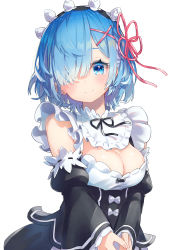 Rule 34 | 1girl, absurdres, blue eyes, blue hair, breasts, cleavage, closed mouth, detached collar, detached sleeves, frills, hair ornament, hair over one eye, hatsuga (dmaigmai), highres, huge filesize, looking at viewer, maid, maid headdress, medium breasts, neck ribbon, puffy sleeves, re:zero kara hajimeru isekai seikatsu, rem (re:zero), ribbon, ribbon trim, roswaal mansion maid uniform, short hair, simple background, smile, solo, upper body, white background, wide sleeves, x hair ornament