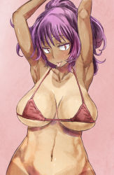 Rule 34 | 1girl, armpits, arms up, bikini, bikini top only, blush, breasts, groin, large breasts, long hair, looking at viewer, navel, open mouth, out-of-frame censoring, ponytail, purple hair, red bikini, red eyes, smile, solo, swimsuit, tan, tanline, tongue, tongue out, touhou, upper body, yasaka kanako, yohane