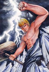 Rule 34 | 1boy, abs, babalisme, blonde hair, broken glass, cigarette, clenched hand, earrings, epic, glass, great teacher onizuka, hammer, jewelry, lightning, male focus, mallet, manly, muscular, onizuka eikichi, topless male, smoking, solo, traditional media