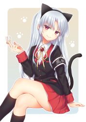 Rule 34 | 1girl, angel beats!, animal ears, arm support, armband, between fingers, black hairband, black jacket, black socks, blazer, blush, cat ears, cat tail, closed mouth, collared shirt, commentary request, crossed legs, dress shirt, fake animal ears, hairband, hand up, highres, holding, jacket, kneehighs, long hair, looking at viewer, nakamura hinato, neck ribbon, outline, parted bangs, pleated skirt, red eyes, red skirt, ribbon, safety pin, shirt, silver hair, sitting, skirt, smile, socks, solo, tail, tenshi (angel beats!), very long hair, white outline, white shirt, yellow ribbon