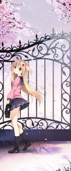 Rule 34 | 1girl, bag, black sailor collar, black skirt, black socks, blonde hair, bow, branch, brown eyes, brown footwear, closed mouth, commentary request, copyright request, day, flower, gate, hair between eyes, hair bow, head tilt, highres, holding, holding bag, loading (verjuice), loafers, long hair, looking at viewer, looking to the side, outdoors, petals, pink bow, pink flower, pink footwear, pleated skirt, sailor collar, school bag, shoes, skirt, smile, socks, solo, standing, standing on one leg, two side up, very long hair