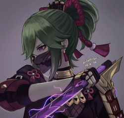 Rule 34 | 1girl, armor, earrings, eyebrows hidden by hair, genshin impact, gloves, green hair, grey background, holding, holding knife, holding weapon, japanese armor, japanese clothes, jewelry, knife, kuki shinobu, long hair, looking to the side, mask, oni mask, ponytail, purple eyes, silberein, simple background, solo, upper body, weapon