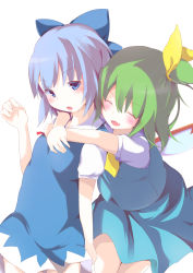 Rule 34 | 2girls, arm up, blue eyes, blue hair, blush, bow, cirno, closed eyes, daiyousei, dress, fairy wings, green hair, hair bow, hair ribbon, highres, hug, hug from behind, koshinaka-zz, looking at viewer, multiple girls, open mouth, ribbon, short hair, short sleeves, side ponytail, simple background, touhou, white background, wings