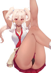 Rule 34 | 1girl, arms behind head, ass, black panties, breasts, collarbone, collared shirt, dark-skinned female, dark skin, daydream (zhdkffk21), dress shirt, earrings, grin, hair between eyes, highres, jewelry, kneepits, legs up, long hair, looking at viewer, magician (fire poison), maplestory, medium breasts, miniskirt, mouth hold, necklace, necktie, panties, partially visible vulva, pleated skirt, red eyes, red necktie, red skirt, school uniform, shirt, simple background, skirt, smile, solo, star (symbol), star earrings, star necklace, thighs, thong, twintails, underwear, white background, white hair, white shirt