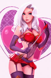 Rule 34 | 1girl, armpits, arrow (projectile), arrow through heart, artist name, ashe (league of legends), bandeau, bare shoulders, blue eyes, bra, breasts, buckle, choker, cleavage, contrapposto, covered navel, cowboy shot, drill hair, elbow gloves, elbow pads, eyelashes, eyeshadow, garter belt, garter straps, gloves, hair over shoulder, heart, heart background, heartseeker ashe, highres, hip focus, holding, holding arrow, league of legends, legs together, light smile, lingerie, lips, long hair, looking at viewer, makeup, medium breasts, midriff, navel, open mouth, panties, parted lips, pleated skirt, purple gloves, purple panties, purple thighhighs, raichiyo33, red bra, red skirt, riding crop, see-through, showgirl skirt, simple background, skirt, solo, standing, teeth, thigh gap, thighhighs, thighs, tsurime, underwear, valentine, white hair