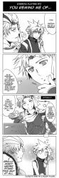 Rule 34 | 2boys, 4koma, ?, cloud strife, comic, dissidia final fantasy, empty eyes, english text, final fantasy, final fantasy ii, final fantasy vii, flower, firion, greyscale, hard-translated, highres, long image, male focus, meru, monochrome, multiple boys, parody, rose, sparkle, tall image, third-party edit, thought bubble, translated