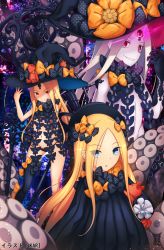 Rule 34 | 3girls, abigail williams (fate), abigail williams (second ascension) (fate), abigail williams (third ascension) (fate), absurdres, bare shoulders, black bow, black dress, black headwear, black legwear, black panties, blonde hair, blue eyes, blush, bow, breasts, colored skin, dress, fate/grand order, fate (series), forehead, glowing, glowing eye, grin, hair bow, hat, highres, karikun77, keyhole, long hair, looking at viewer, multiple girls, multiple hair bows, multiple persona, navel, open mouth, orange bow, panties, parted bangs, polka dot, polka dot bow, red eyes, ribbed dress, single thighhigh, sleeves past fingers, sleeves past wrists, small breasts, smile, stuffed animal, stuffed toy, teddy bear, tentacles, thighhighs, third eye, underwear, white hair, white skin, witch hat