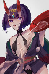 Rule 34 | 1girl, :p, alcohol, bob cut, breasts, commentary request, cup, eyeliner, fate/grand order, fate (series), gem, headpiece, highres, horns, izanaware game, japanese clothes, kimono, long sleeves, looking at viewer, makeup, oni, open clothes, open kimono, pouring, purple eyes, purple hair, purple kimono, revealing clothes, sakazuki, sake, short eyebrows, short hair, short kimono, shuten douji (fate), signature, simple background, skin-covered horns, small breasts, smile, solo, tongue, tongue out, white background, wide sleeves