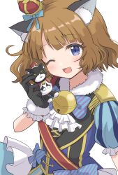 Rule 34 | 1girl, animal ear fluff, animal ears, ascot, bell, black gloves, blue bow, blue bowtie, blue dress, blue eyes, blush, bow, bowtie, breasts, brown hair, cat ears, crown, dot nose, dress, epaulettes, fake animal ears, frilled dress, frills, fur-trimmed collar, fur-trimmed gloves, fur trim, gloves, hand up, holding, holding stuffed toy, idolmaster, idolmaster million live!, idolmaster million live! theater days, jingle bell, kahiika, looking at viewer, mini crown, neck bell, one eye closed, open mouth, polka dot, puffy short sleeves, puffy sleeves, red sash, sash, short hair, short sleeves, simple background, small breasts, smile, solo, striped bow, striped bowtie, striped clothes, stuffed animal, stuffed cat, stuffed toy, suou momoko, upper body, white ascot, white background