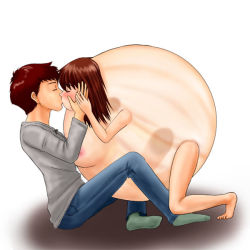 Rule 34 | 1boy, 1girl, balloon, blush, brown hair, closed eyes, clothed male nude female, denim, hands on another&#039;s face, jeans, kiss, monster girl, nude, on floor, pants, short hair, simple background, sitting, socks, what, white background