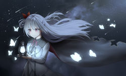 Rule 34 | 1girl, akizuki kanna, bow, bug, butterfly, cape, closed mouth, commentary request, dress, floating cape, formal, glowing, hair between eyes, hair bow, highres, holding, insect, lantern, long sleeves, looking at object, night, night sky, outdoors, pink eyes, qumai79, shadow, shooting star, sky, smile, solo, sparkle, split mouth, suit, upper body, white dress, white hair, white sleeves, white suit, yuzu-soft