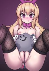 Rule 34 | 1girl, alternate costume, animal ears, bare shoulders, black thighhighs, blonde hair, bow, bowtie, breasts, cleft of venus, clownpiece, fake animal ears, fishnet thighhighs, fishnets, gloves, headband, highres, leotard, leotard pull, licking lips, light smile, long hair, looking at viewer, nipples, nuclear cake, partially visible vulva, purple background, purple bow, purple bowtie, purple eyes, purple headband, pussy, rabbit ears, simple background, sitting, small breasts, solo, spread legs, star (symbol), star print, striped, sweat, thighhighs, thighs, tongue, tongue out, touhou, tray, very long hair, wedgie, white gloves