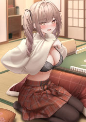 Rule 34 | 1girl, black bra, black ribbon, blush, bra, breasts, brown hair, clothes lift, commentary request, eyes visible through hair, hair ornament, hair ribbon, hand under clothes, highres, indoors, large breasts, long hair, long sleeves, looking at viewer, mahjong, monaka curl, original, parted lips, red skirt, ribbon, shirt lift, side ponytail, skirt, solo, sweater, underwear, white sweater