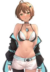 Rule 34 | 1girl, absurdres, ahoge, asymmetrical legwear, b1ack illust, bikini, bikini top only, blush, braid, breasts, brown hair, cleavage, collarbone, commentary request, commission, dance on the galaxy (idolmaster), green eyes, highres, idolmaster, idolmaster million live!, idolmaster million live! theater days, jacket, jacket partially removed, large breasts, looking at viewer, multicolored clothes, multicolored jacket, navel, pixiv commission, sakuramori kaori, shorts, simple background, solo, stomach, swimsuit, two-tone jacket, white shorts