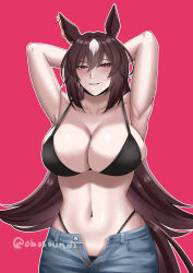 Rule 34 | 1girl, absurdres, alternate costume, animal ears, armpits, arms up, bikini, black bikini, blush, breasts, brown hair, cleavage, collarbone, commentary, commentary request, cowboy shot, denim, ear ornament, english commentary, hair between eyes, highres, horse ears, horse girl, horse tail, jeans, large breasts, multicolored hair, navel, obosounds, open fly, pants, pink hair, red eyes, simple background, sirius symboli (umamusume), smile, solo, streaked hair, swimsuit, tail, twitter username, umamusume, white hair