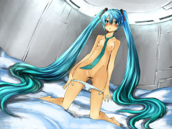 Rule 34 | 1girl, aqua eyes, aqua hair, barefoot, blush, breasts, censored, eiji (eiji), hatsune miku, kneeling, long hair, necktie, nipples, nude, panties, panty pull, solo, striped clothes, striped panties, twintails, underwear, undressing, very long hair, vocaloid