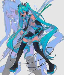 Rule 34 | 1girl, absurdres, aqua eyes, aqua hair, aqua necktie, artist name, bare shoulders, black footwear, black skirt, black sleeves, blue eyes, blue hair, blue necktie, boots, breasts, cable, commentary, detached sleeves, english commentary, green hair, grey shirt, guitar, hair ornament, hatsune miku, headphones, headset, highres, instrument, long hair, medium breasts, necktie, open mouth, pleated skirt, sainttufa, shirt, skirt, sleeveless, sleeveless shirt, solo, spring onion, thigh boots, thighhighs, twintails, very long hair, vocaloid, zoom layer