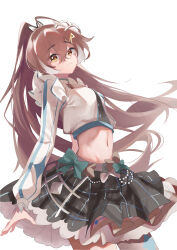 Rule 34 | 1girl, absurdres, ahoge, asymmetrical sleeves, black skirt, bow, brown eyes, brown hair, buttons, crop top, double-breasted, feather hair ornament, feathers, hair ornament, hairclip, half-skirt, highres, hololive, hololive english, hololive idol uniform (bright), long hair, looking at viewer, midriff, multicolored hair, nanashi mumei, navel, ninjyang0903, pantyhose, plaid, plaid skirt, pleated skirt, ponytail, print pantyhose, single leg pantyhose, skirt, streaked hair, uneven sleeves, very long hair, virtual youtuber, white pantyhose