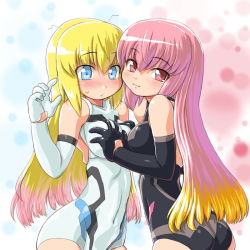Rule 34 | 10s, 2girls, :/, :3, alternate color, arnval, ass, bad id, bad pixiv id, bare shoulders, black gloves, blonde hair, blue eyes, blush, bodysuit, grabbing another&#039;s breast, breasts, busou shinki, covered navel, cowboy shot, dd (ijigendd), dual persona, elbow gloves, embarrassed, from side, gloves, grabbing, hair between eyes, hand up, head tilt, hip focus, leotard, light smile, long hair, looking at viewer, looking back, medium breasts, multicolored hair, multiple girls, narrow waist, naughty face, olbern, pink eyes, pink hair, smile, surprised arms, sweatdrop, very long hair, white gloves, yuri