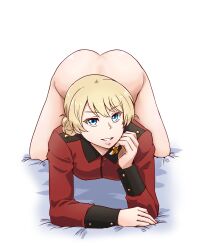 Rule 34 | 1girl, all fours, ass, bed sheet, blonde hair, blue eyes, bottomless, braid, breasts, come hither, cropped legs, darjeeling (girls und panzer), girls und panzer, hand on own arm, highres, jacket, large breasts, looking at viewer, military, military uniform, no pants, on bed, parted lips, red jacket, satou yasu, seductive smile, short hair, smile, solo, st. gloriana&#039;s military uniform, uniform, white background