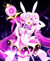 Rule 34 | 1girl, ;d, aisha landar, animal ears, bow, rabbit ears, cowboy shot, detached sleeves, dress, elsword, gradient hair, hair ornament, holding, holding staff, long hair, looking at viewer, magical girl, melsocoon, metamorphy (elsword), multicolored hair, one eye closed, open mouth, puffy sleeves, purple bow, purple eyes, purple hair, smile, solo, sparkle, staff, star-shaped pupils, star (symbol), symbol-shaped pupils, thighhighs, twintails, v, white dress, white hair, zettai ryouiki