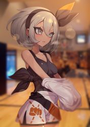 1girl absurdres bea_(pokemon) black_bodysuit blurry blurry_background blush bodysuit breasts cleavage creatures_(company) dark-skinned_female dark_skin eyelashes game_freak grey_eyes grey_hair gym_leader hair_between_eyes hairband highres indoors medium_breasts nintendo pokemon pokemon_swsh sb_lama short_eyebrows short_hair shorts solo sweat undressing white_shorts