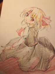 Rule 34 | 1girl, ascot, black dress, black vest, blonde hair, colored pencil (medium), dress, highres, long sleeves, looking to the side, medium hair, orya 422, red ascot, red eyes, rumia, shirt, solo, touhou, traditional media, vest, white background, white shirt