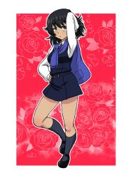 Rule 34 | 1girl, andou (girls und panzer), arm up, bc freedom school uniform, black dress, black eyes, black hair, black socks, blue necktie, blue sweater, blush, closed mouth, commentary, dark-skinned female, dark skin, dress, dress shirt, floral background, flower, full body, girls und panzer, half-closed eyes, hand in own hair, hand on own hip, light frown, looking at viewer, mary janes, medium hair, messy hair, necktie, outline, pinafore dress, pleated dress, red background, rose, school uniform, shirt, shoes, short dress, sleeveless, sleeveless dress, socks, solo, standing, standing on one leg, sweater, sweater around neck, takahashi kurage, textless version, white outline, white shirt, wing collar