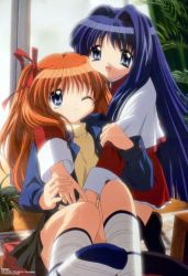 Rule 34 | 2girls, hug, ikeda kazumi, jpeg artifacts, kanon, kanon 2006, long hair, minase nayuki, multiple girls, red skirt, sawatari makoto, skirt, socks, striped