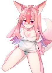 Rule 34 | 1girl, absurdres, animal ear fluff, animal ears, arm up, barefoot, blush, brand new animal, breasts, cleavage, fox ears, fox tail, from above, furry, furry female, hand in own hair, highres, hiwatashi nazuna, legs, long hair, looking up, neko lu (wofud453), no pants, off shoulder, panties, pink eyes, pink hair, shirt, short sleeves, sitting, smile, solo, striped clothes, striped panties, t-shirt, tail, thighs, toes, underwear, white shirt