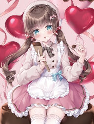 Rule 34 | 1girl, :o, apron, balloon, beret, blue eyes, blush, bow, brown bow, brown hair, candy, chocolate, chocolate heart, collared shirt, commentary request, food, frilled apron, frilled skirt, frills, grey hat, hair between eyes, hands up, hat, head tilt, heart, heart balloon, holding, holding food, kohinata hoshimi, long hair, looking at viewer, low twintails, original, parted lips, pink background, pink shirt, pink skirt, shirt, simple background, sitting, skirt, solo, spatula, thighhighs, twintails, very long hair, white apron, white thighhighs