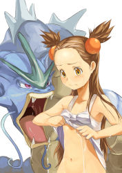 Rule 34 | 1girl, bow, brown eyes, brown hair, clothes lift, collarbone, creatures (company), dress, dress lift, flat chest, game freak, gen 1 pokemon, geregere (lantern), gyarados, gym leader, hair ornament, highres, jasmine (pokemon), long hair, navel, nintendo, no bra, out-of-frame censoring, pokemon, pokemon (creature), pout, simple background, two side up, wet, wet clothes, white background, white dress, wringing clothes