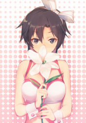 Rule 34 | 1girl, bare arms, black eyes, blush, bow, breasts, brown hair, covered mouth, flower, hair bow, hairband, halftone, halftone background, holding, idolmaster, idolmaster (classic), kikuchi makoto, large breasts, looking at viewer, midriff, satori0121, short hair, solo, wrist cuffs