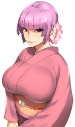 Rule 34 | 1girl, blunt bangs, breasts, fuyou (nanairo reincarnation), huge breasts, japanese clothes, kimono, looking at viewer, nanairo reincarnation, obmas, purple eyes, purple hair, sash, short hair, simple background, smile, solo, upper body, white background