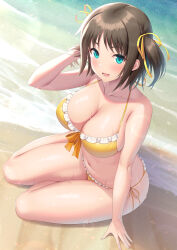 Rule 34 | 1girl, beach, bikini, breasts, brown hair, cleavage, collarbone, commentary request, day, frilled bikini, frills, green eyes, hair ribbon, hand in own hair, highres, kawase seiki, large breasts, light blush, looking at viewer, navel, ocean, open mouth, outdoors, pink nails, ribbon, ronye arabel, sand, short twintails, sitting, smile, solo, swimsuit, sword art online, sword art online: alicization, twintails, wet, yellow bikini, yellow ribbon