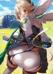 Rule 34 | 1girl, alternate hair color, animal ears, artist request, ass, bike shorts, blonde hair, blush, branch, cape, commission, dress, embarrassed, from behind, genshin impact, glasses, gloves, hat, highres, huge ass, long hair, looking back, looking down, low ponytail, multicolored hair, open mouth, panties, pixiv commission, ponytail, round eyewear, shiny clothes, short dress, shorts, skindentation, solo, sucrose (genshin impact), thighhighs, torn clothes, torn shorts, two-tone hair, underwear, very long hair, white hair, white panties