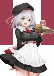 Rule 34 | 1girl, apron, bare legs, beret, black dress, black hat, blush, braid, braided bangs, breasts, dress, food, genshin impact, green eyes, hat, highres, large breasts, legs, long sleeves, looking at viewer, noelle (genshin impact), noelle (kfc) (genshin impact), open mouth, short hair, smile, solo, teddy (khanshin), thighs, tray, waist apron, white apron, white hair