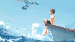 Rule 34 | 1boy, animal, bird, blue sky, boat, brown hair, cloud, commentary, day, hair over eyes, highres, looking at animal, male focus, ocean, original, outdoors, seagull, shirt, sitting, sky, solo, taizo (taizo 03), watercraft