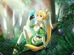 Rule 34 | 1girl, blonde hair, braid, breasts, bug, butterfly, butterfly on hand, forest, game cg, garter straps, gloves, green eyes, green gloves, green skirt, hair between eyes, hair tubes, high heels, in tree, insect, large breasts, leafa, leafa (terraria), long hair, midriff, miniskirt, nature, ponytail, sitting, sitting in tree, skirt, solo, sword art online, sword art online: alicization rising steel, thighhighs, thighs, tree, twin braids, very long hair, white thighhighs