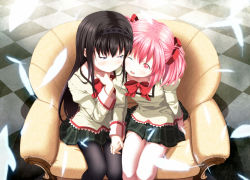 Rule 34 | 10s, 2girls, ;d, akemi homura, black hair, black pantyhose, blue eyes, bow, checkered floor, couch, feathers, floor, from above, hairband, highres, holding hands, kaname madoka, long hair, mahou shoujo madoka magica, mahou shoujo madoka magica (anime), multiple girls, one eye closed, open mouth, pantyhose, pink eyes, pink hair, school uniform, sitting, skirt, smile, tsukumo (soar99), twintails, wink, yuri