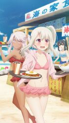 Rule 34 | 3girls, bare back, bare shoulders, barefoot, beach, beach umbrella, bikini, blonde hair, blue sky, blush, breasts, chloe von einzbern, chopsticks, cleavage, closed mouth, collarbone, cup, dark-skinned female, dark skin, day, dot nose, drink, drinking straw, egg (food), fate/kaleid liner prisma illya, fate (series), food, food request, frilled bikini, frills, game cg, hair between eyes, hair ornament, hairclip, highres, holding, illyasviel von einzbern, jacket, japanese text, long hair, long sleeves, miyu edelfelt, multiple girls, navel, ocean, official art, open clothes, open jacket, open mouth, outdoors, petite, pink bikini, pink hair, pink jacket, plate, ponytail, red bikini, red eyes, sky, small breasts, standing, stomach, swimsuit, thighs, third-party source, umbrella, yellow eyes