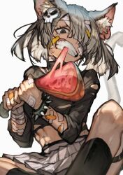 Rule 34 | 1girl, abs, animal ears, bandaged head, bandages, bandaid, bandaid on arm, bandaid on face, bob cut, bracelet, cat ears, cat tail, eating, food, grey hair, hair ornament, hair over one eye, holding, holding food, jewelry, meat, messy hair, original, pleated skirt, reomenka, simple background, sitting, skirt, skull hair ornament, solo, spiked bracelet, spikes, tail, teeth, toned, torn clothes, white background