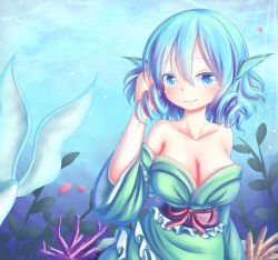 Rule 34 | 1girl, absurdres, adapted costume, alternate costume, bare shoulders, blue eyes, blue hair, blush, breasts, cleavage, collarbone, detached sleeves, dior-zi, drill hair, fins, gradient background, head fins, highres, japanese clothes, kimono, large breasts, long sleeves, looking at viewer, matching hair/eyes, mermaid, monster girl, obi, ribbon, sash, short hair, smile, solo, strapless, touhou, underwater, upper body, wakasagihime, wide sleeves