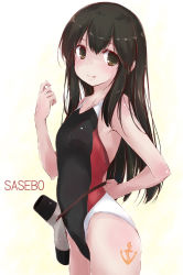 Rule 34 | 1girl, akagi (kancolle), anchor symbol, black hair, black one-piece swimsuit, brown eyes, commentary request, competition swimsuit, cowboy shot, kantai collection, long hair, multicolored clothes, multicolored swimsuit, one-piece swimsuit, simple background, solo, standing, straight hair, swimsuit, tetrapod, white background, aged down, yumesato makura