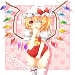Rule 34 | 1girl, ascot, blonde hair, blush, bottomless, bow, bridal garter, covering crotch, covering privates, embodiment of scarlet devil, female focus, flandre scarlet, hair in own mouth, hat, hat bow, heart, heart background, light smile, long hair, mob cap, one eye closed, red eyes, solo, thighhighs, touhou, white hat, white thighhighs, wings, wink, yuria (kittyluv)